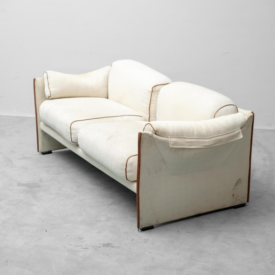 Divano vintage a 2 posti in tessuto beige e marrone, moderno anni '70 – Sofà (photo 3 of 11)