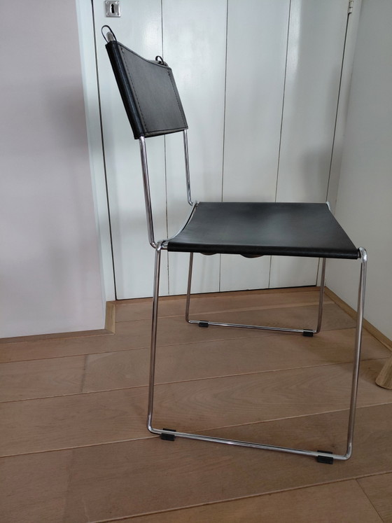 Vintage Italiaans design stoelen van Giandomenico Belotti in leer en chroom – Eetkamerstoelen, Leather, Metal (photo 2 of 5)