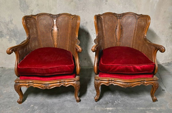 Image 1 of Coppia di poltrone in stile Luigi XV in legno e rattan