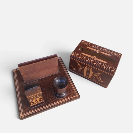 Vintage wooden cigarette holder with ashtray and match holder, Table accessories, Brown (photo 6 of 6)