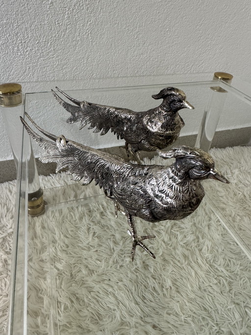 Decorative Silver Metal Pheasants 70s