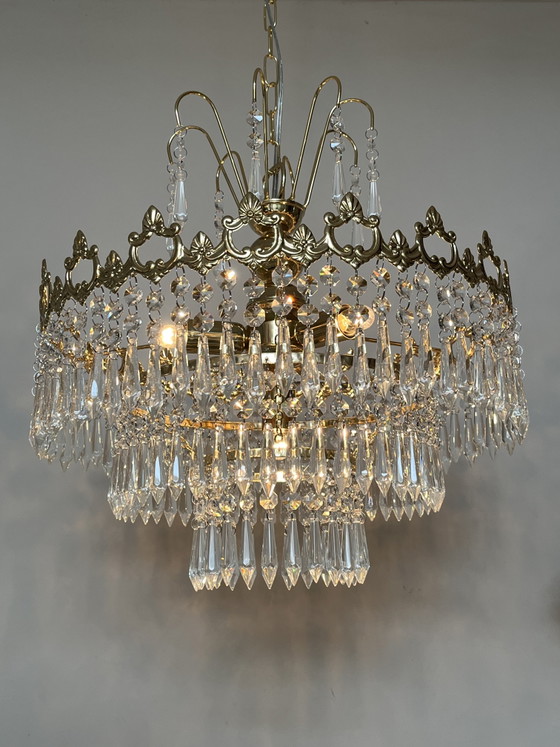 Image 1 of Set of 2 Vintage Italian crystal chandelier pendant lamps with icicle points