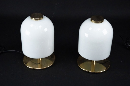 Pair of 1980s Italian Murano Lattimo Glass Mushroom Bedside Lamps