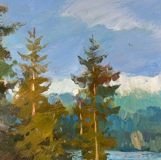 Image 1 of Peinture à l'huile originale Paysage d'été au bord d'une rivière Eaux silencieuses de la forêt