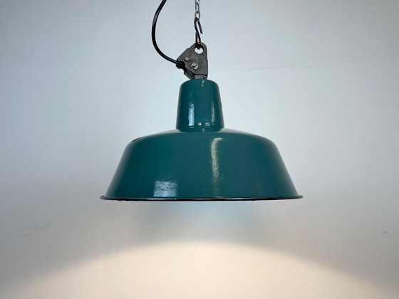 Image 1 of Industrial Petrol Enamel Factory Lamp with Cast Iron Top, 1960s