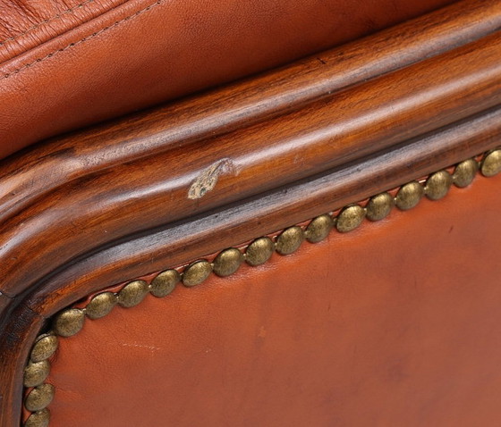 Image 1 of Coppia di poltrone in stile "Chasse" di metà secolo - Pelle e legno massello