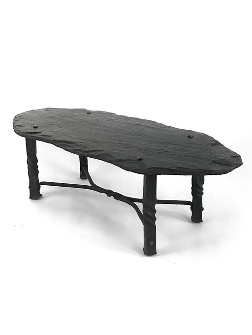 French Low Table in Forged Iron and Slate, Early Mid 20th Century