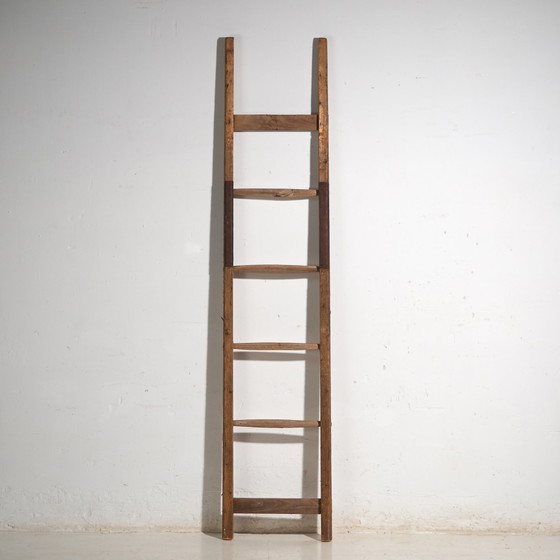 Antieke grenen houten ladder, Centraal-Europa, circa 1900, Decoratieve objecten, IJzer, Bruin, Rustic (foto 5 van 8)