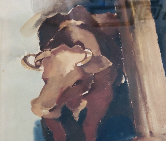 Image 1 of Jean Timmermans (1899-1986) - Mucche e contadino nella stalla Acquerello - Firmato a mano - 1930