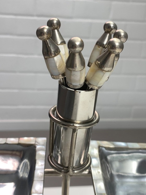 Image 1 of Art Deco Style Silver-Plated and Mother-of-Pearl Tiered Hors d'Oeuvres Serving Caddy with Matching Cocktail Picks