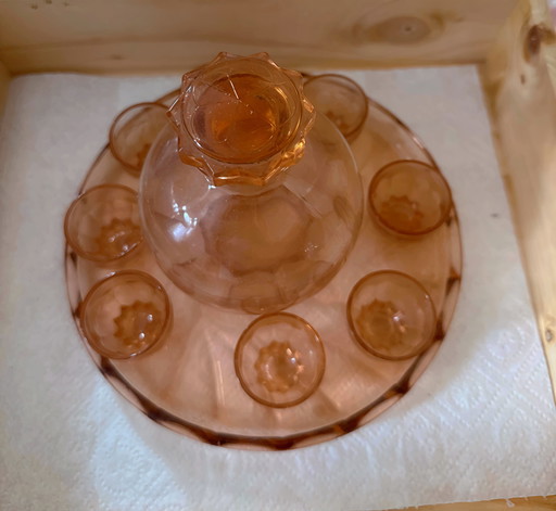 Vintage 1940s Liqueur Set From Rosaline Glass, Carafe With 8 Glasses And A Dish