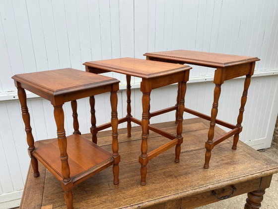 Image 1 of Set of 3 rustic cherry wood nesting coffee tables 1950