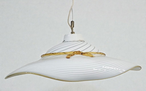 Mid-Century Italian Murano Glass Hat Lamp – Handblown Filigrana & Amber Bow