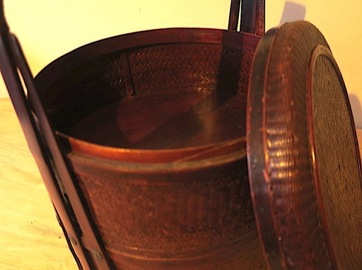 Antique Basket in Wood and Rattan with 3 Sections, 1900