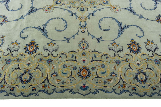 Image 1 of Hand-knotted Keshan Rug In Pistachio Green - 424 X 319 Cm