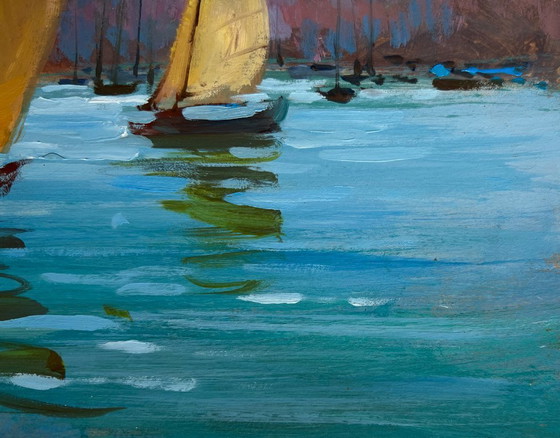 Image 1 of Peinture à l'huile originale, paysage urbain estival, vacances à la voile