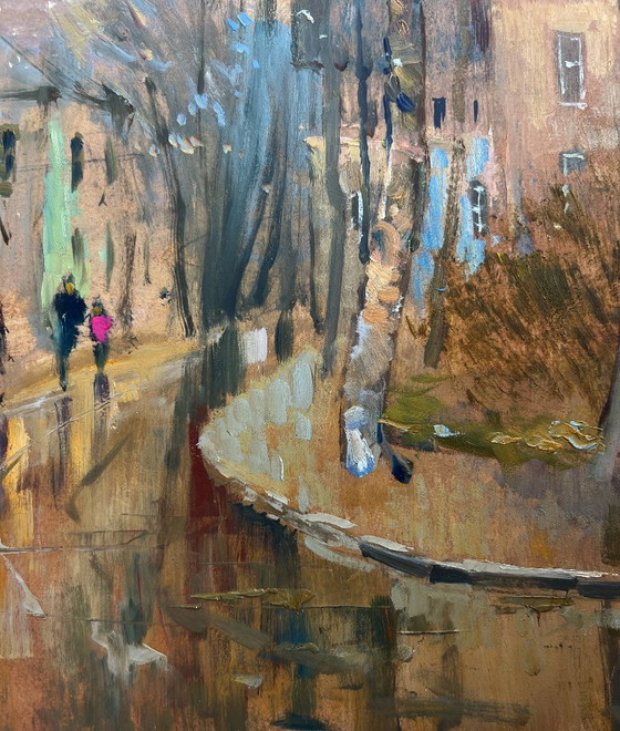 Image 1 of Pintura al óleo original Paisaje urbano otoñal Reflejos del otoño