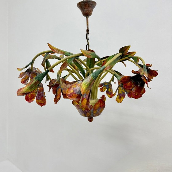 Lustre floral, tulipes en métal multicolore, Rouge, Vintage (photo 14 sur 14)