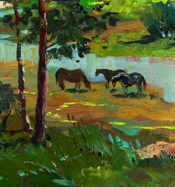 Image 1 of Original Oil Painting Summer Field Landscape Horses by the river