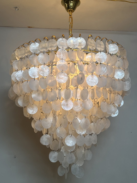 Image 1 of Xl lampe pendante vintage en coquillage capiz chandelier cadre doré