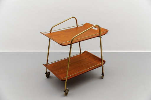 Carrello da portata Mid-Century Modern in teak e ottone con vassoio rimovibile, anni '50