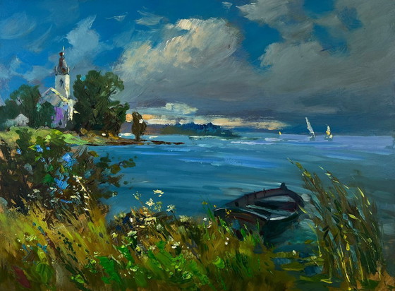 Image 1 of Original Oil Painting Summer Coastal Landscape A lonely boat on the river bank