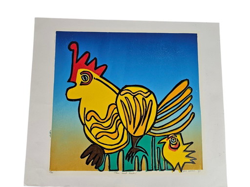 Derk Wessels - Bois - Linogravure - Graphisme - Coq avec poussin - 1997