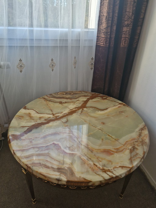 Elegante tavolino da caffè vintage anni '60 con piano in pietra naturale (effetto onice/marmo)