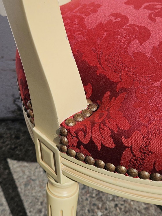 Image 1 of Set van 4 antieke Franse damaststoelen met medaillonmotief - gestoffeerde Louis XVI-stoelen - jaren 1900