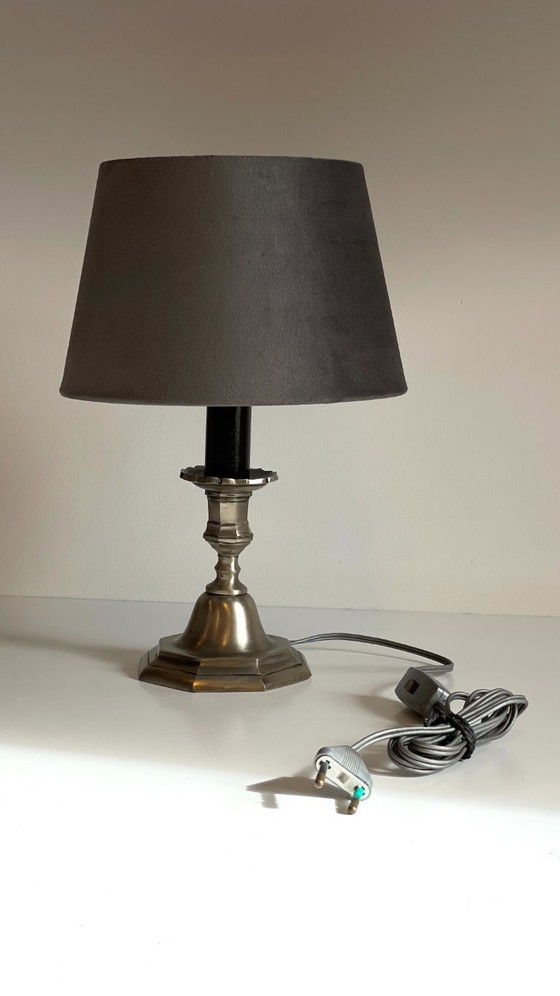 Image 1 of Silver and Velvet Metal Candlestick Lamp