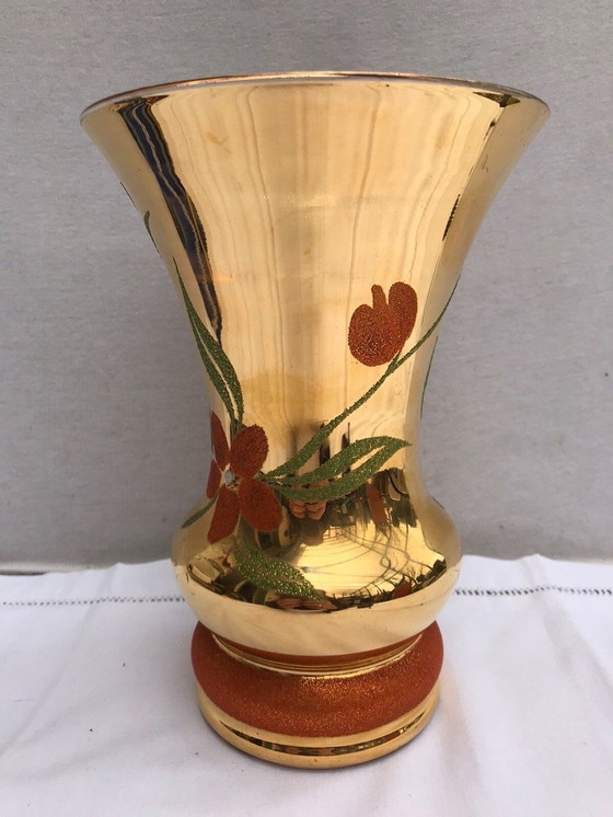 Image 1 of Vaso antico in vetro artistico di BEAULIEU, vetro dipinto in oro + decoro floreale vintage #D391