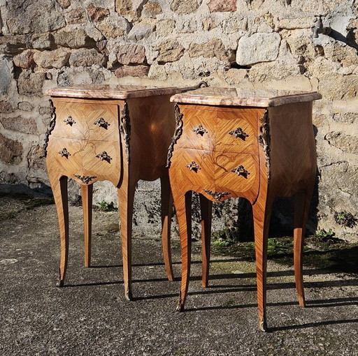 Pair of 2 French Vintage Marquetry Nightstands-Set of 2 Marble & Wood Bedside Tables-Style Louis XV - 70s