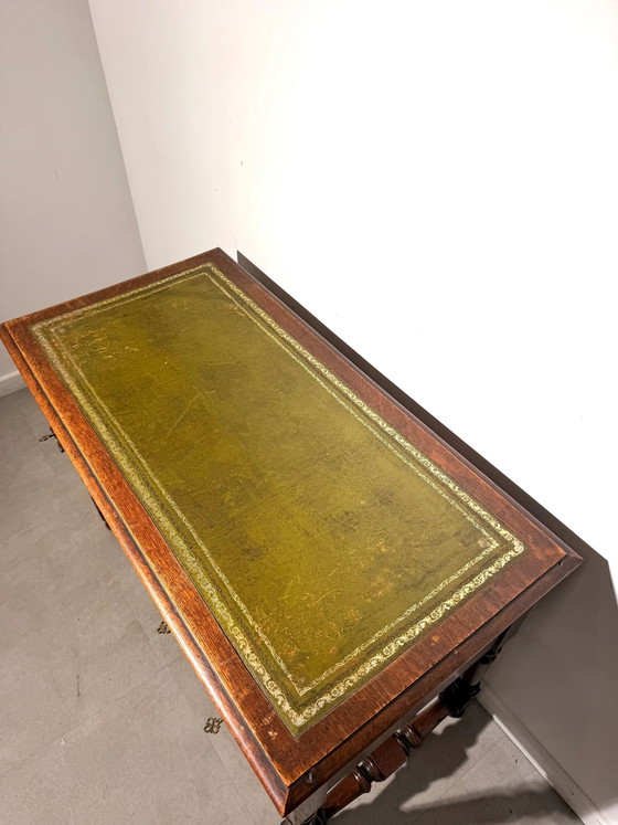 Antique Oak Writing Desk with Green Leather Top and Four Drawers (photo 2 of 6)