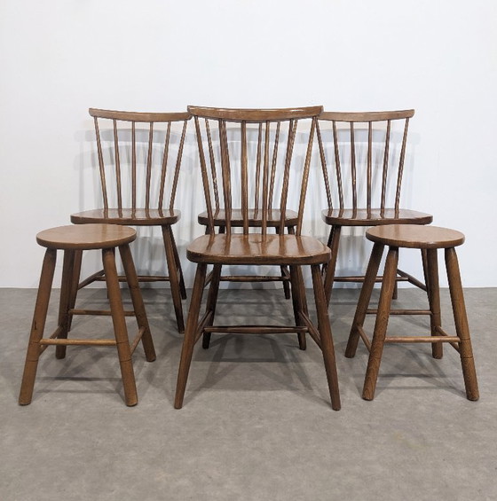 Image 1 of Four vintage slatted chairs with two stools.