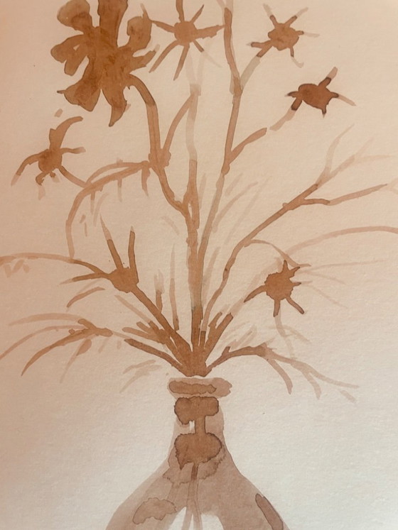 Image 1 of Signed painting, still life "dried flowers", monochrome watercolor
