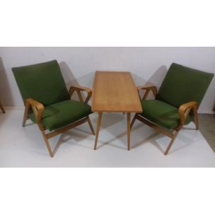 Vintage wood and green fabric living room set by Tatra Pravenec, Czechoslovakia 1960