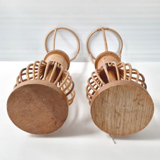 Image 1 of PAIR OF VINTAGE 1960S TABLE LAMPS IN RATTAN & BEECH 60S 1960S 1960s