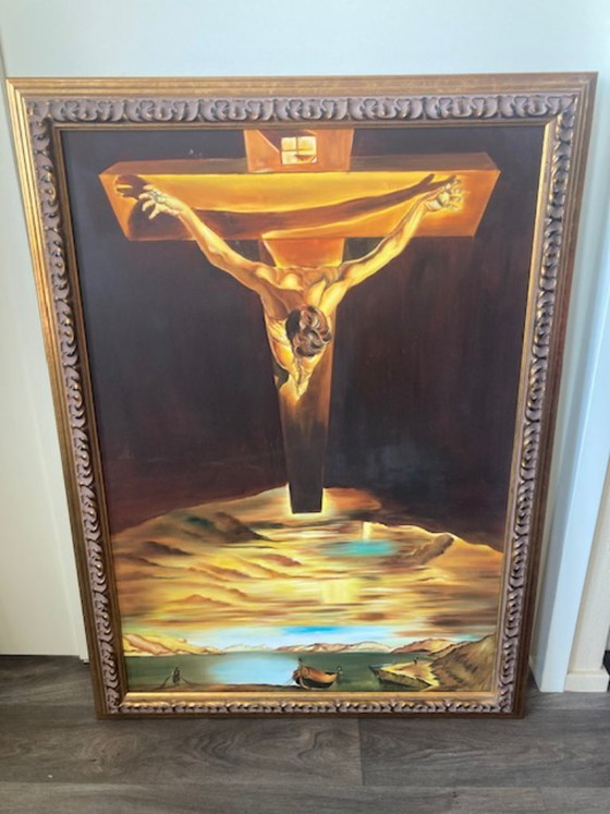 Image 1 of Framed oil paint reproduction of of the iconic painting 'Christ of Saint John of the Cross' by surrealist artist Salvador Dalí.