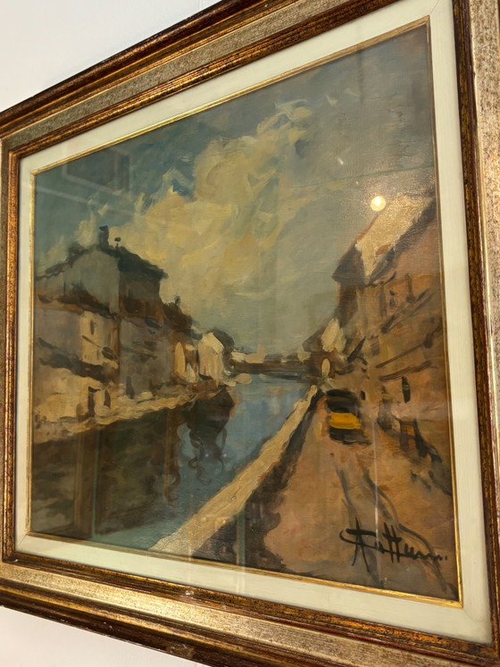 Oil Painting on Canvas of Navigli of Milan by Achille Cattaneo, Early 20th Century – Paintings & Drawings (photo 6 of 7)