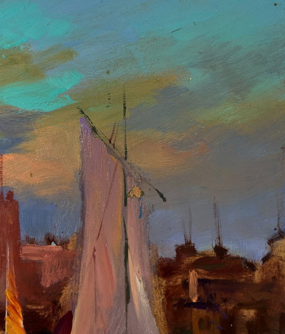 Original Oil Painting Urban Landscape Architecture Port City Sailboats – Paintings & Drawings, Mdf (photo 4 of 10)