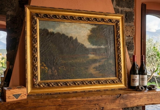 Antique oil painting on panel, landscape, 19th century