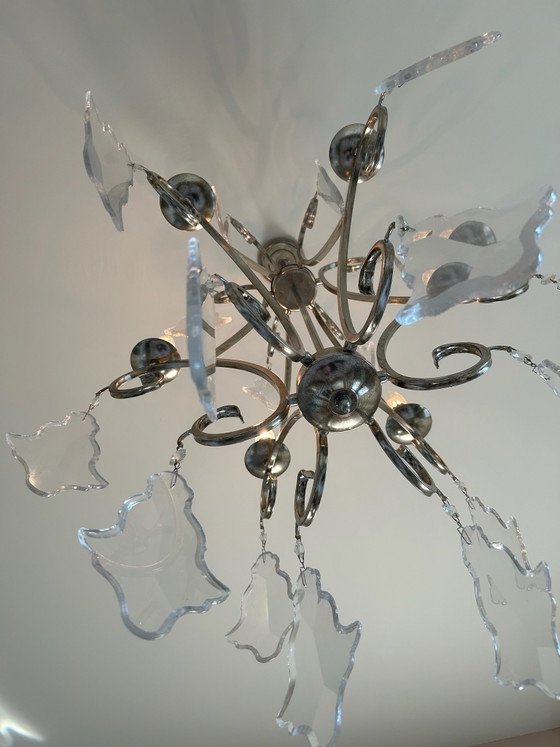 Large design chandelier with glass pendants, 120 by 65 cm, Metal, Silver (photo 2 of 6)