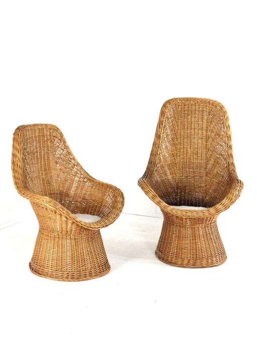Set van 2 vintage rattan rotan stoelen fauteuils met kussentje