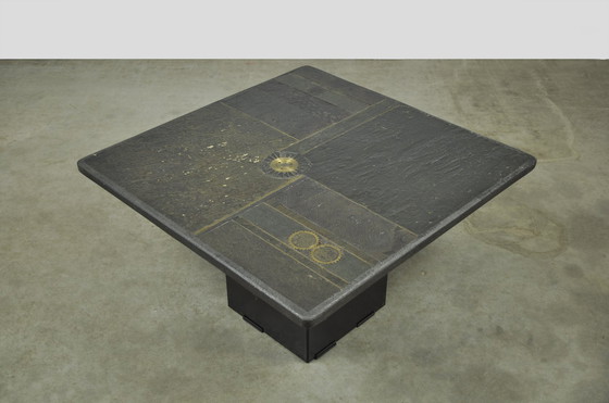 Image 1 of Table d'appoint vintage en pierre naturelle avec incrustation de BRONZE, Pays-Bas 1970