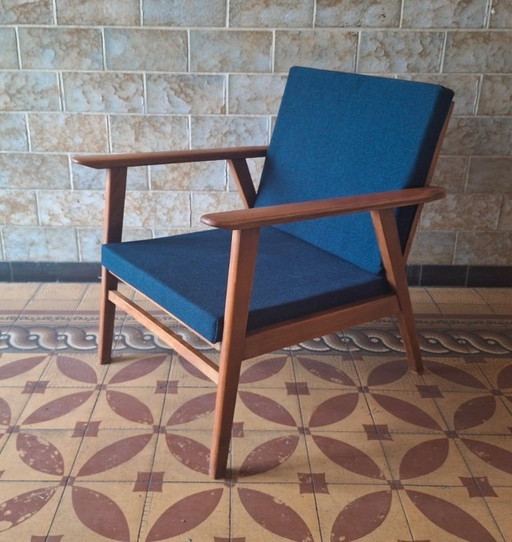 Dänischer Teak-Loungesessel mit meerblau-grünem Stoffbezug, 1960er Jahre – fauteuils, Textile, Wood