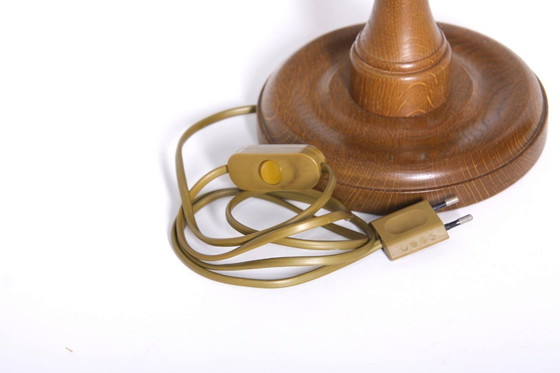 Image 1 of Table lamp wood textile light beige brown fringes 63cm 80s J Vintage