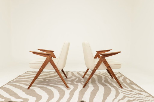 Fauteuils Mid Century chaise longue vintage en écru ensemble de 2 chaises, entièrement restaurées