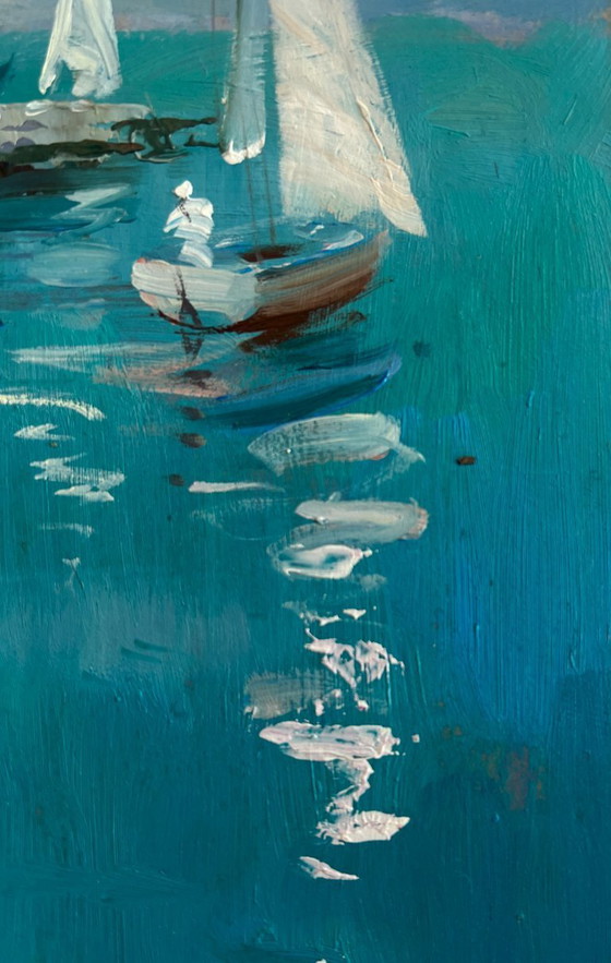 Image 1 of Original Oil Painting Summer City Landscape City on the water and white sails