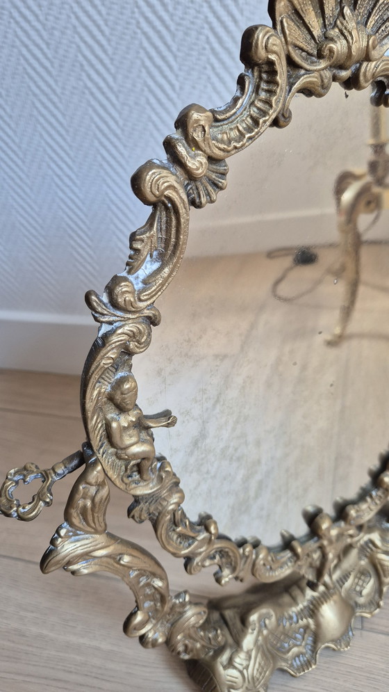 Image 1 of Antique French bronze vanity table mirror — Rococo style — cherubs & shell — late 19th / early 20th century