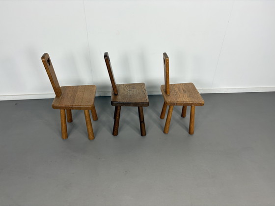 Image 1 of 3 x Mid-Century Mini Pierre Chapo Style Solid Oak Chairs1960s Modernist Brutalist 